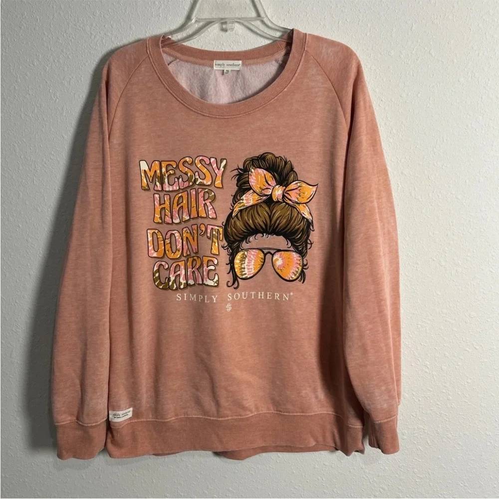 Simply Southern Messy Hair Don’t Care Fleece Sweatshirt Sz M Relaxed Fit Peach - Picture 1 of 12